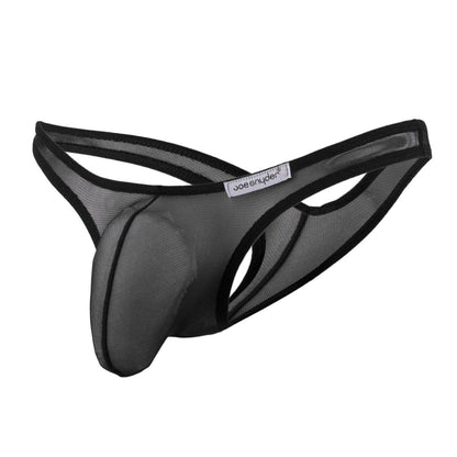Black mesh joe snyder maxi bulge thong with black trim and brand label front view