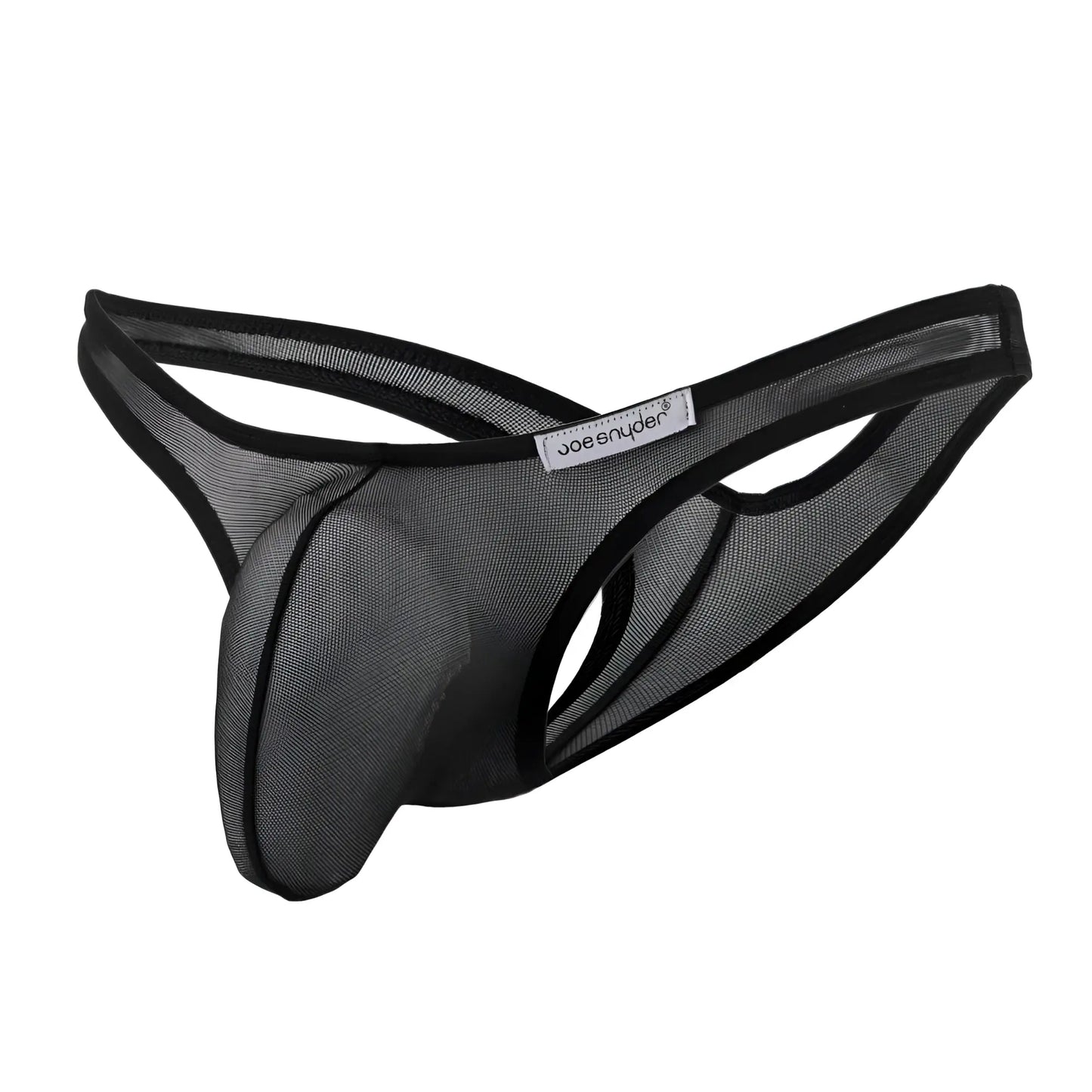Black mesh joe snyder maxi bulge thong with black trim and brand label front view