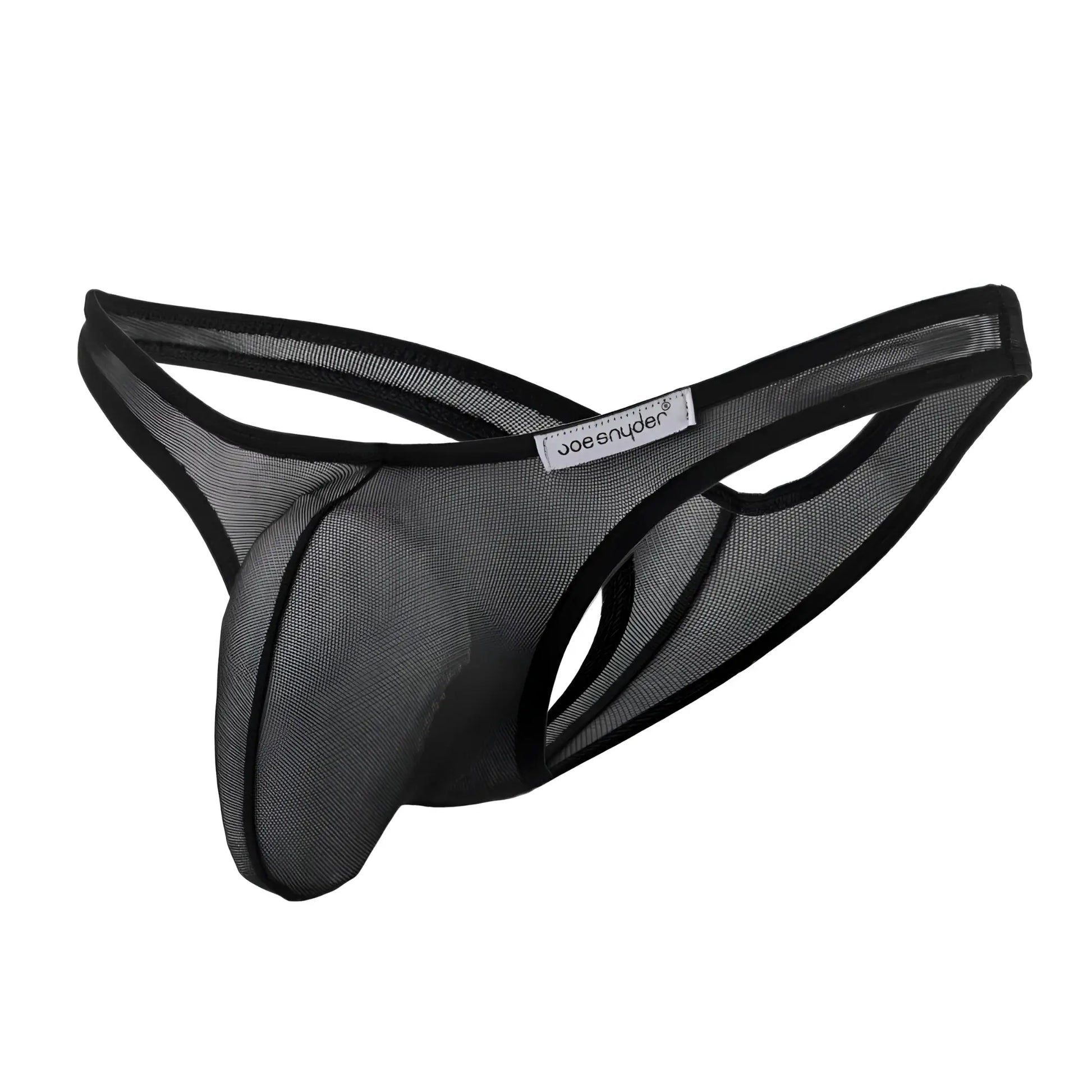 Black mesh joe snyder maxi bulge thong with black trim and visible brand label shown from the front side