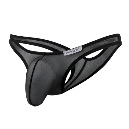 Black mesh joe snyder maxi bulge thong with black trim and visible brand label shown from the front side
