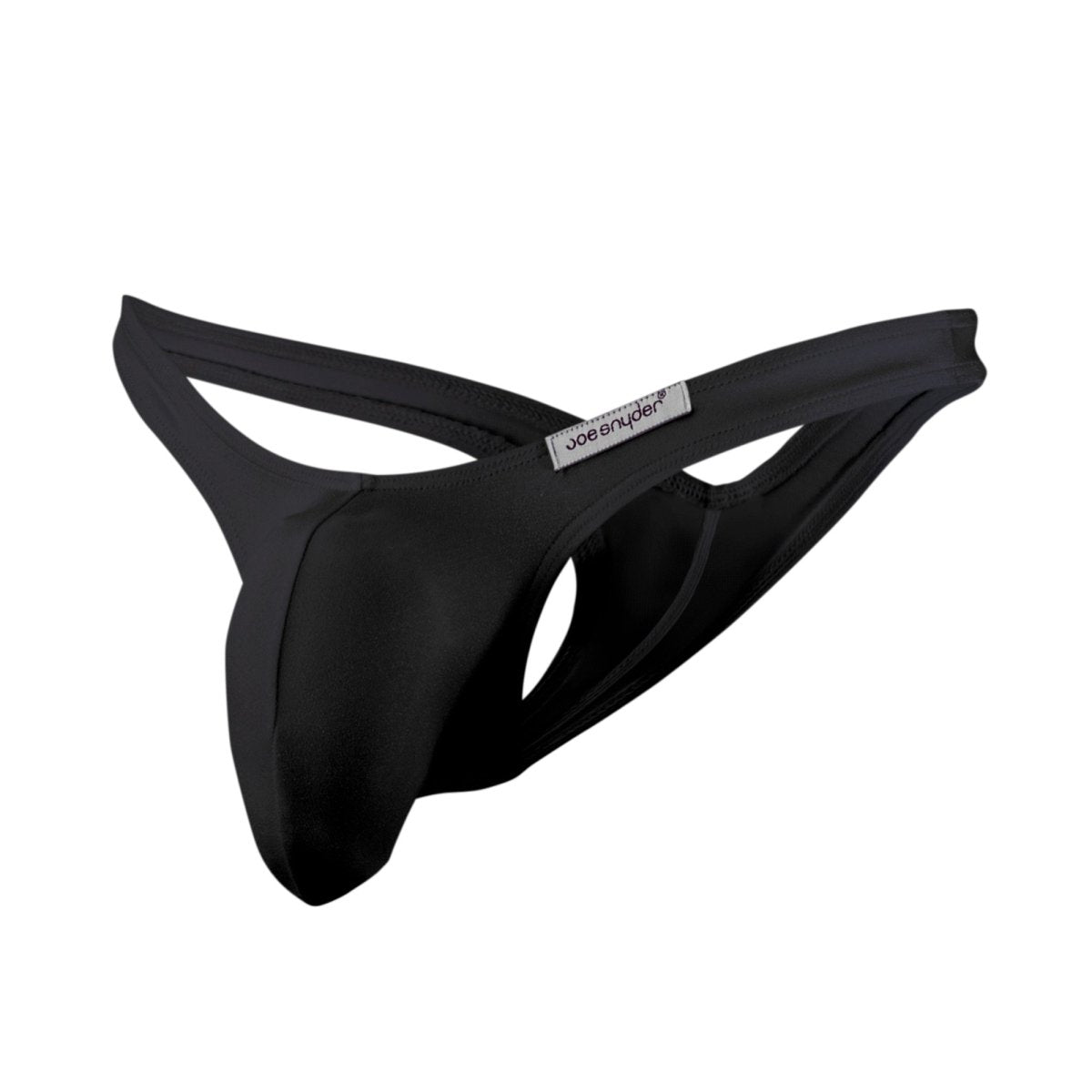 Black joe snyder maxi bulge thong in black smooth stretchy fabric with a sleek minimalist design front view