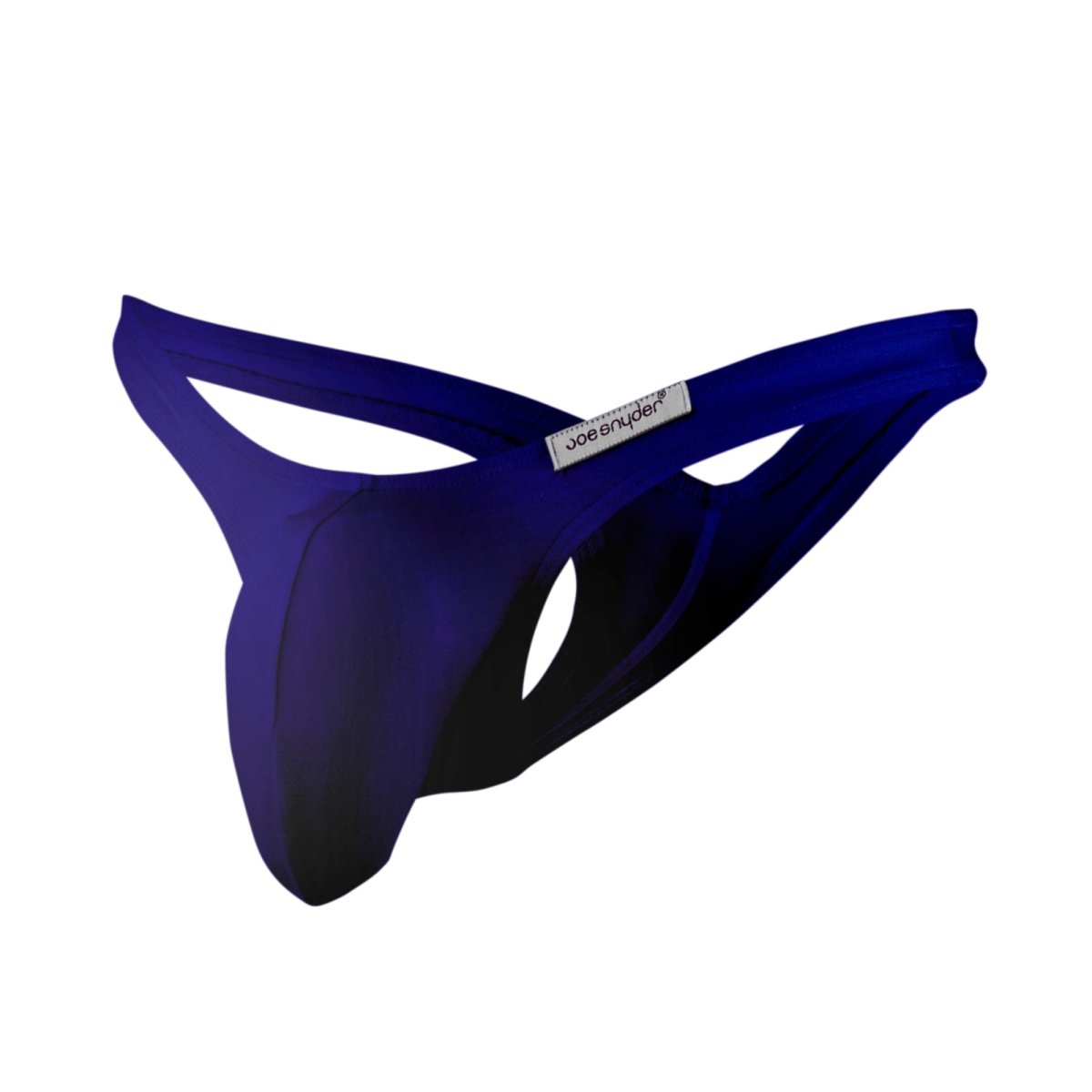 Deep blue sleek form-fitting joe snyder maxi bulge thong with subtle black gradient at front for men