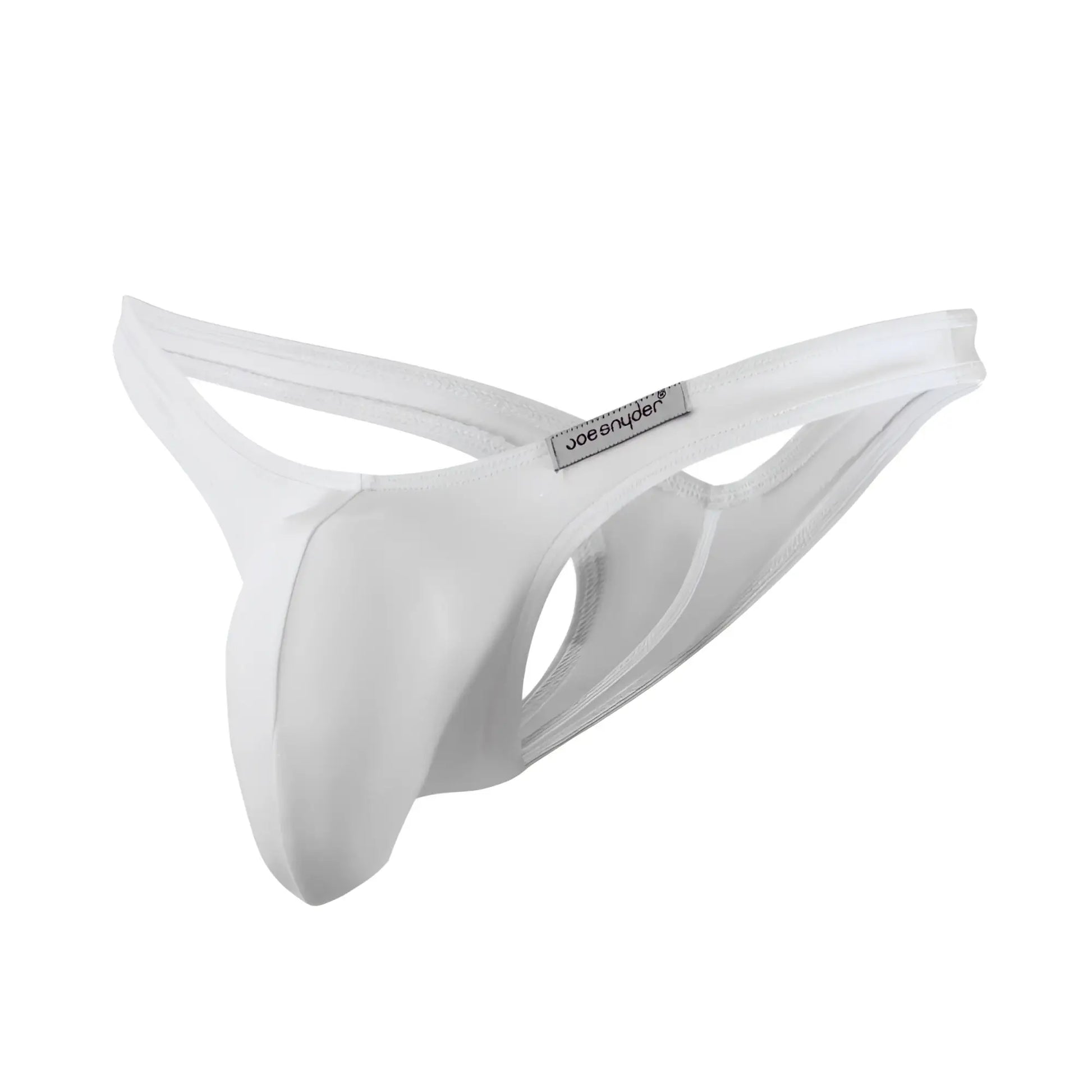 White Joe Snyder maxi bulge thong made of smooth white fabric with a sleek minimalist design visible from the back
