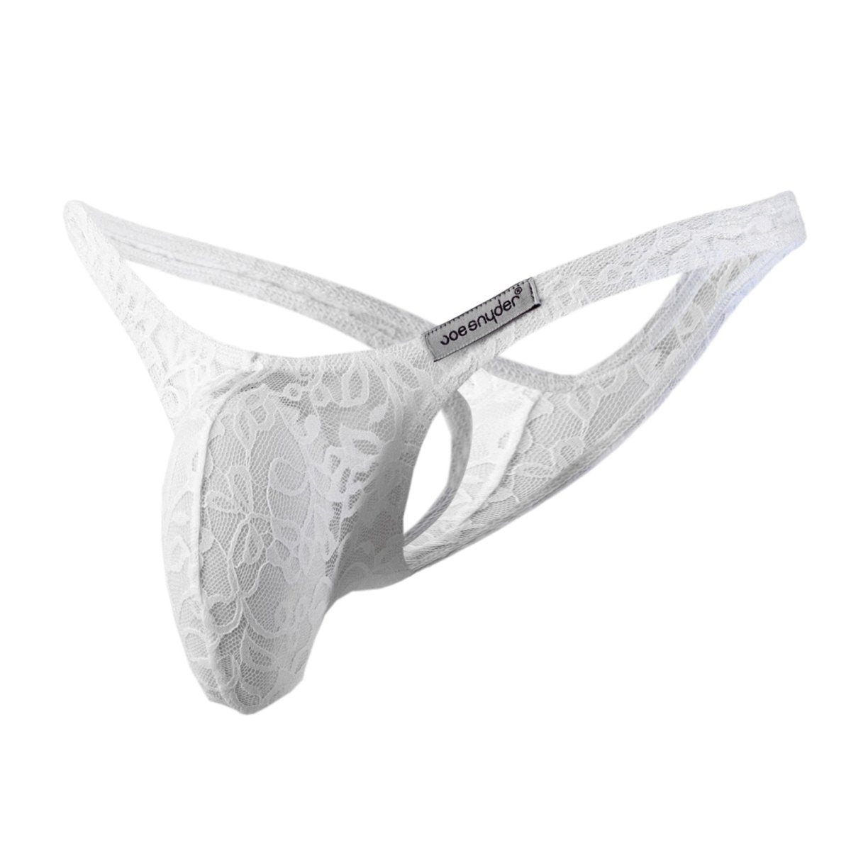 White lace thong with floral pattern and joe snyder brand tag from the joe snyder maxi bulge thong collection