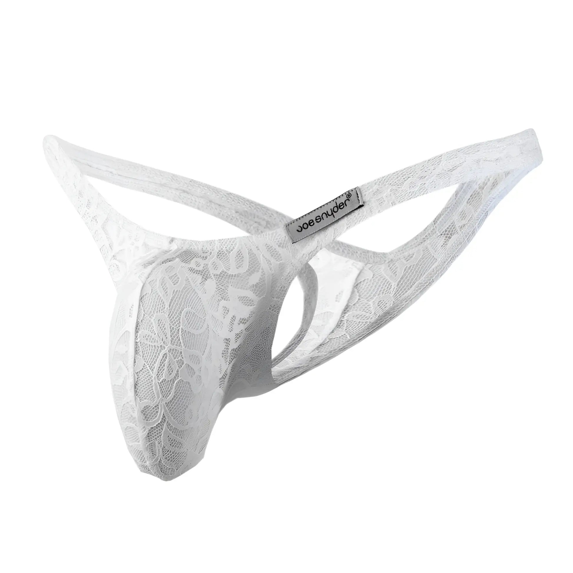 White lace thong with floral pattern and joe snyder brand tag from the joe snyder maxi bulge thong collection