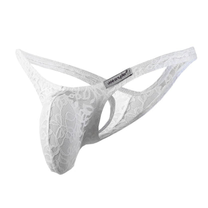 White lace thong with floral pattern and joe snyder brand tag from the joe snyder maxi bulge thong collection