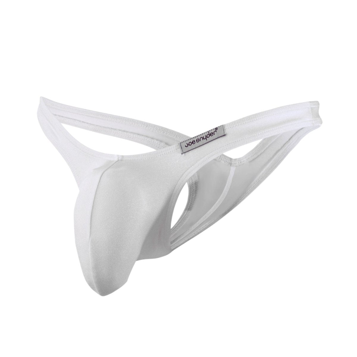 White joe snyder maxi bulge thong in smooth white fabric with a sleek minimalist design showing front view