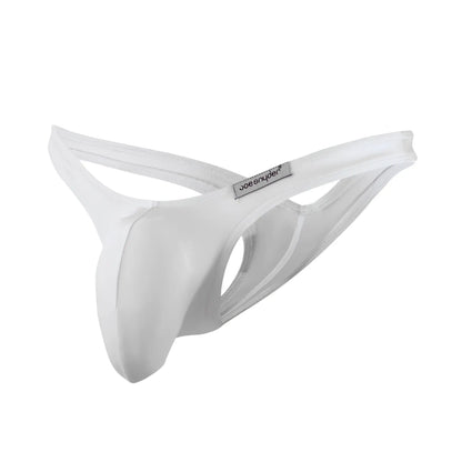 White joe snyder maxi bulge thong made of smooth white form-fitting fabric with a sleek minimalist design