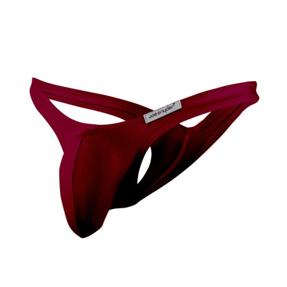 Deep red satin-like joe snyder maxi bulge thong with sleek contoured design and visible brand label