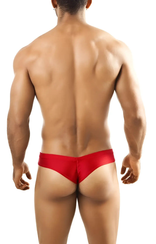 Red shiny fabric briefs shown from the back in the Joe Snyder Mini Cheek style for a bold look
