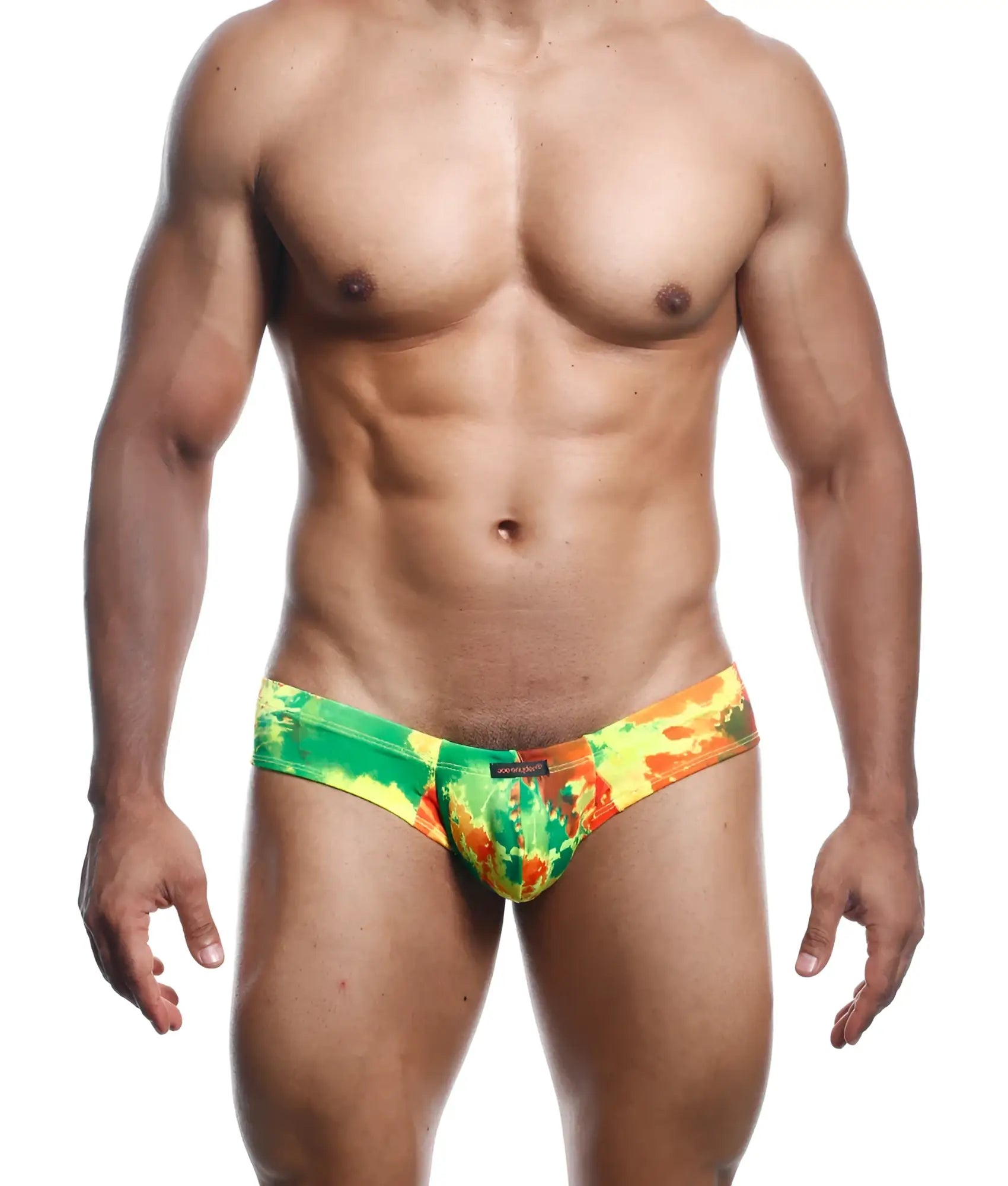 Vibrant green and orange tie-dye joe snyder mini cheek swim trunks with bold abstract pattern for beachwear