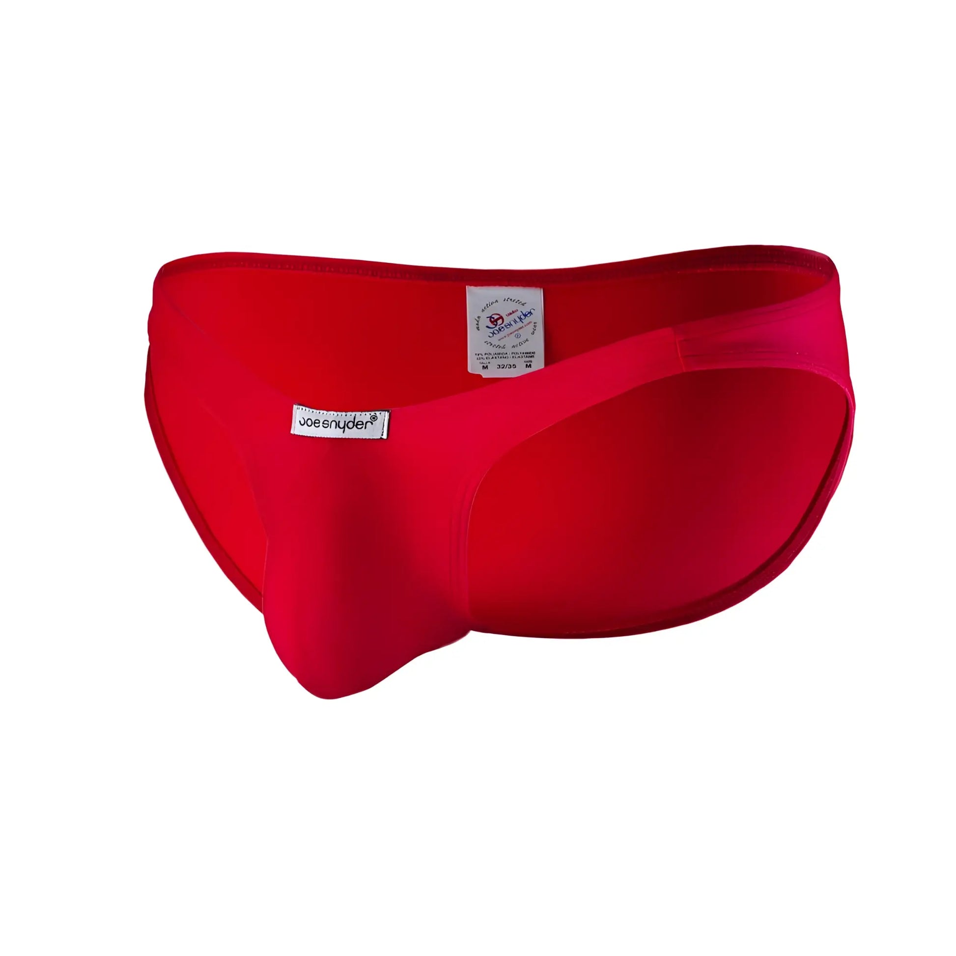 Bright red form-fitting polyester bulge full bikini swim trunks by Joe Snyder designed for beachwear