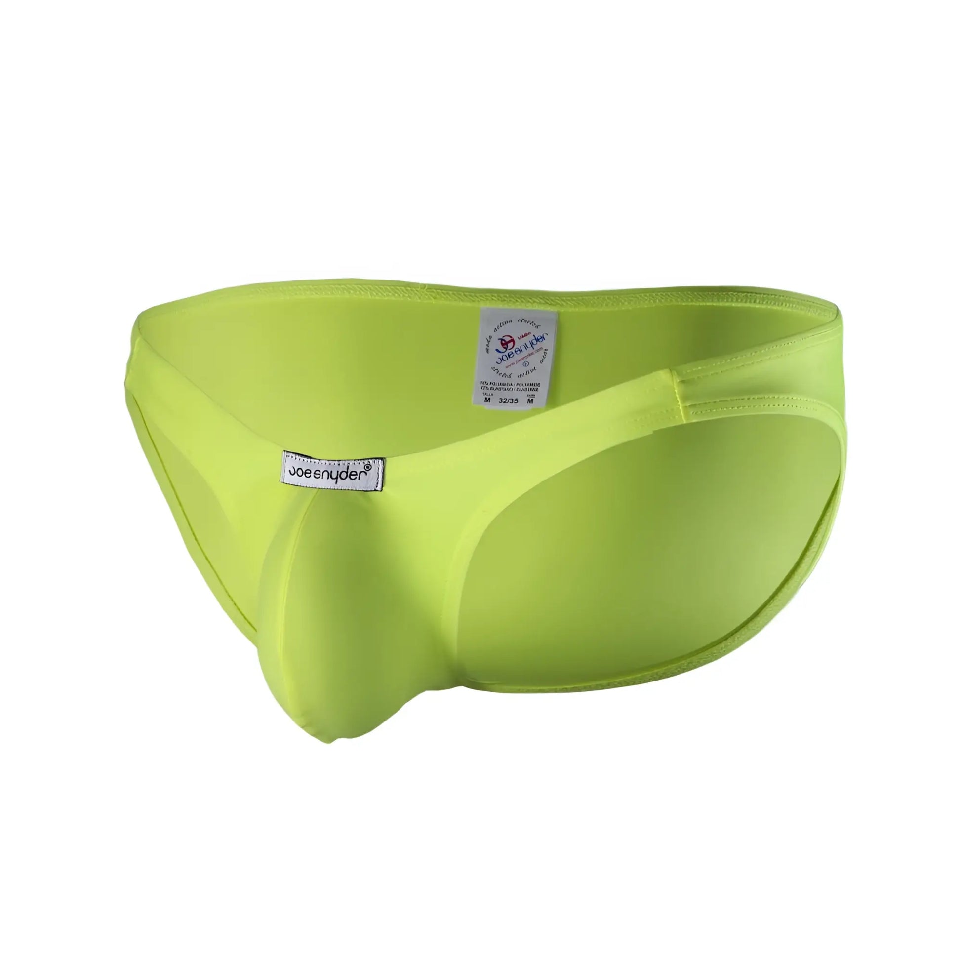 Lime green joe snyder polyester bulge full bikini briefs with smooth form-fitting fabric and central pouch design