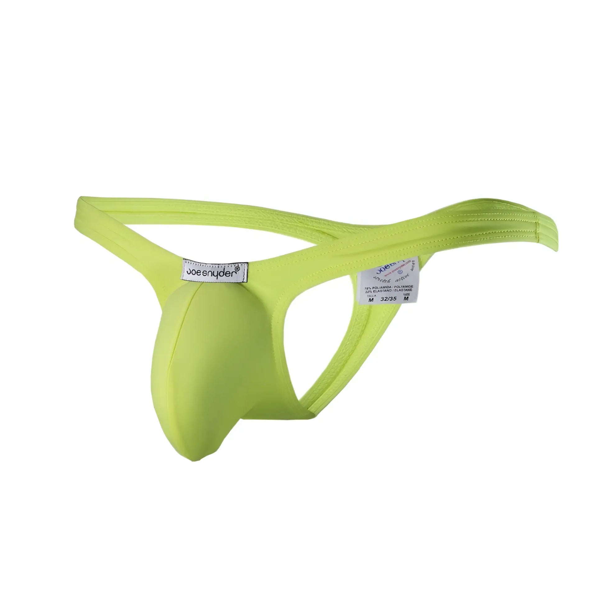 Bright lime green joe snyder polyester bulge tanga thong made of stretchy fabric with supportive contoured design