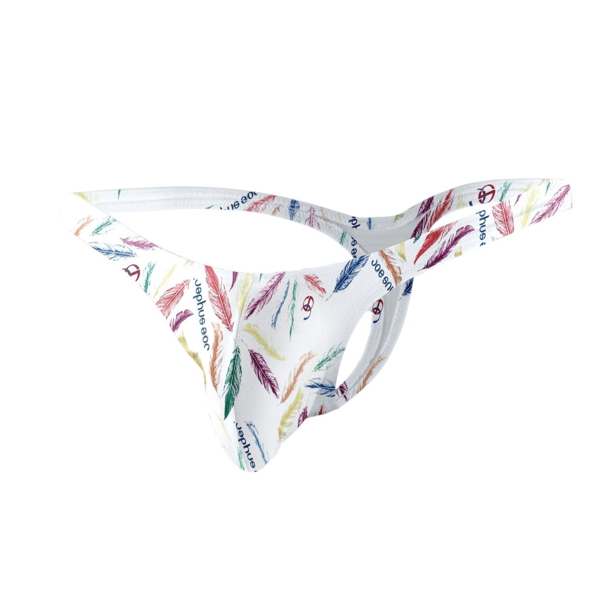 White polyester joe snyder bulge tanga thong with colorful feather pattern and repeating phue logo on front side