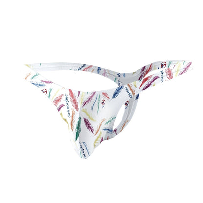 White polyester joe snyder bulge tanga thong featuring colorful feather pattern with repeating phue text and logo