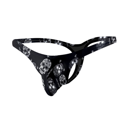 Black polyester bulge tanga by joe snyder with white sugar skull pattern shown from the back side