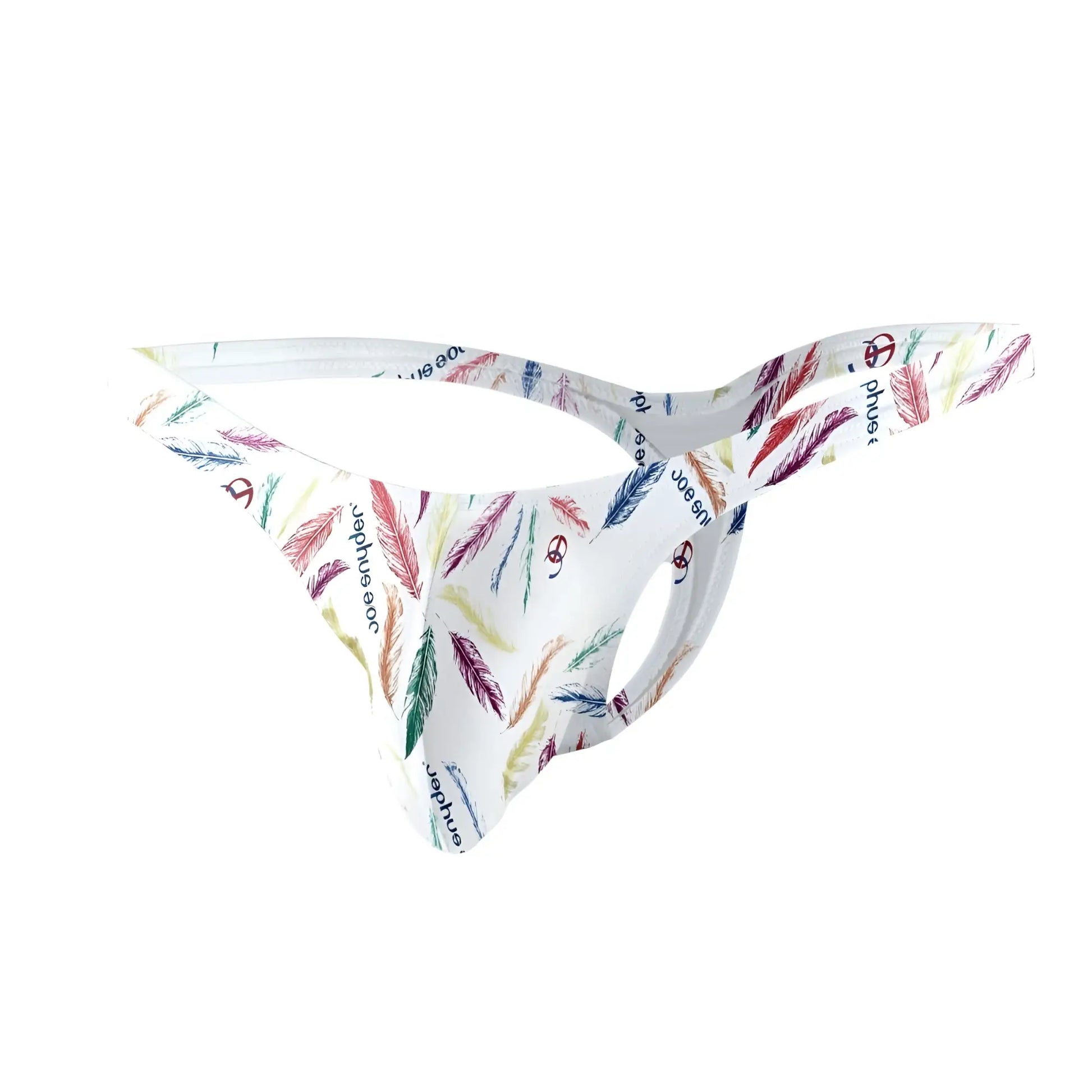 White polyester joe snyder bulge tanga featuring colorful feather pattern with repeating phue text and logo
