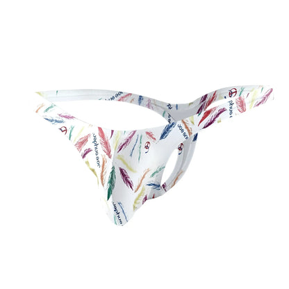 White polyester joe snyder bulge tanga featuring colorful feather pattern with repeating phue text and logo