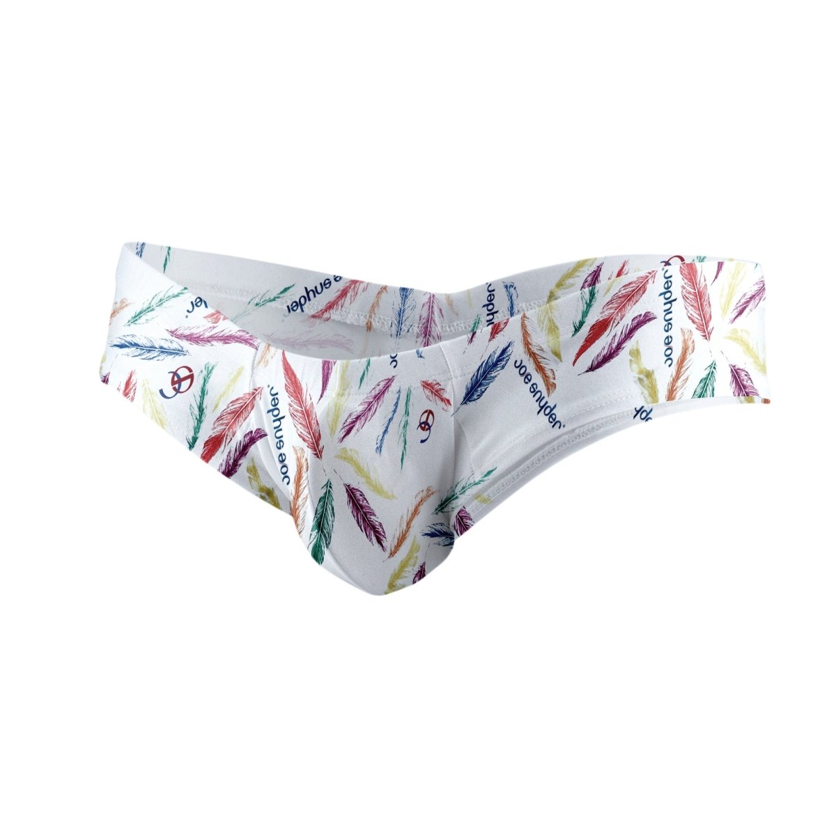 White polyester joe snyder mini cheek briefs with vibrant multicolored feather pattern and logo on front side