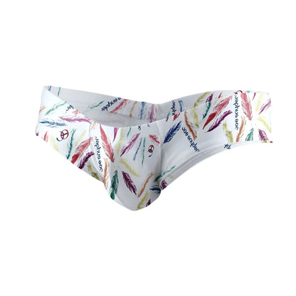 White polyester mini cheek briefs with vibrant multicolored feather pattern and repeating joe snyder logo text
