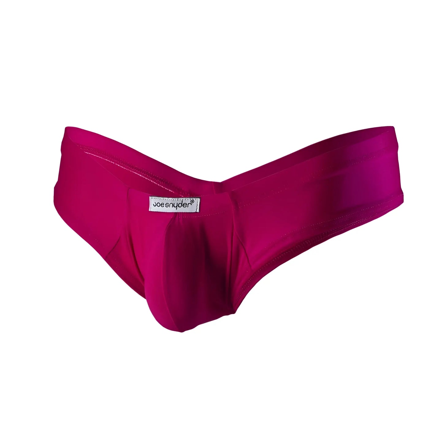 Fuchsia satin polyester mini cheek briefs by joe snyder shown from the back side for stylish underwear wear