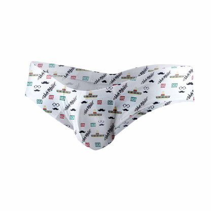 White men’s polyester mini cheek briefs by joe snyder with playful sombrero mustache and glasses pattern in black green red and gray