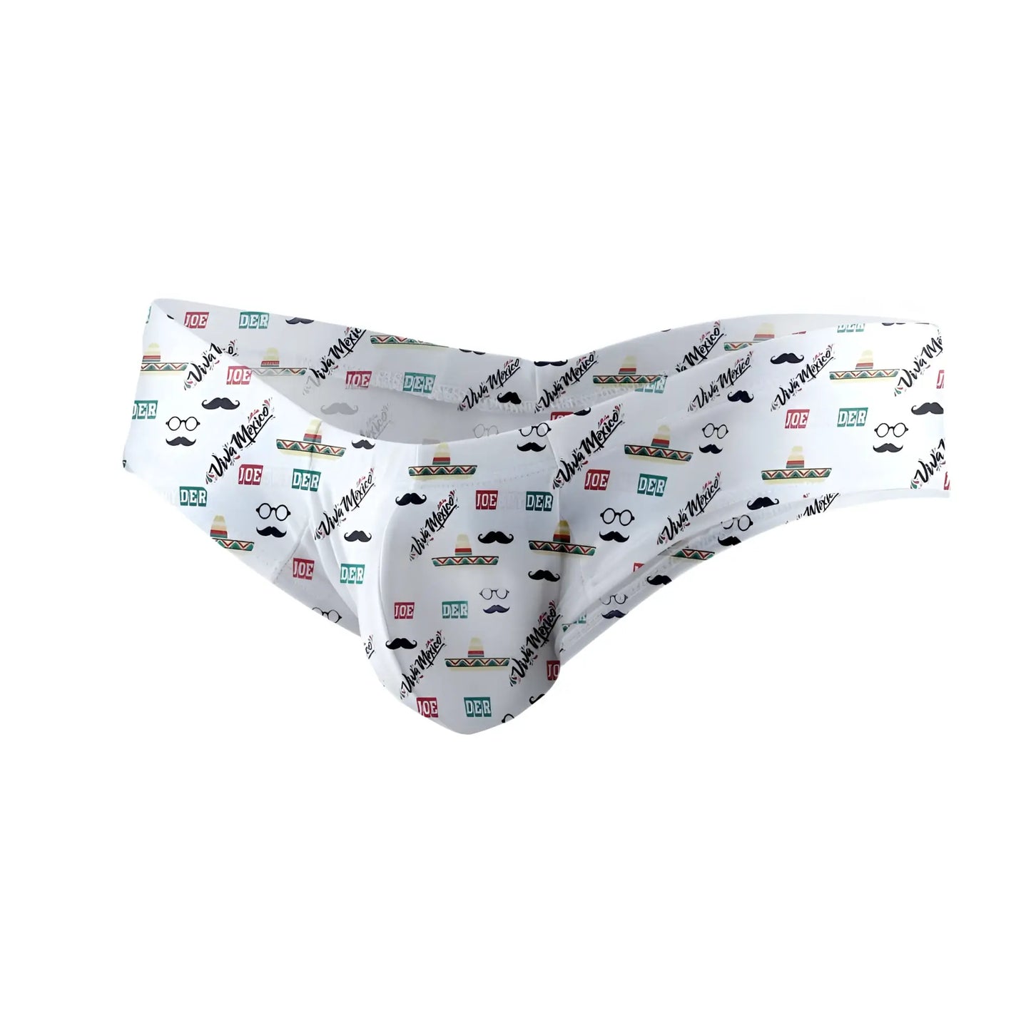White Joe Snyder mini cheek briefs featuring a playful sombrero, mustache, and glasses pattern.