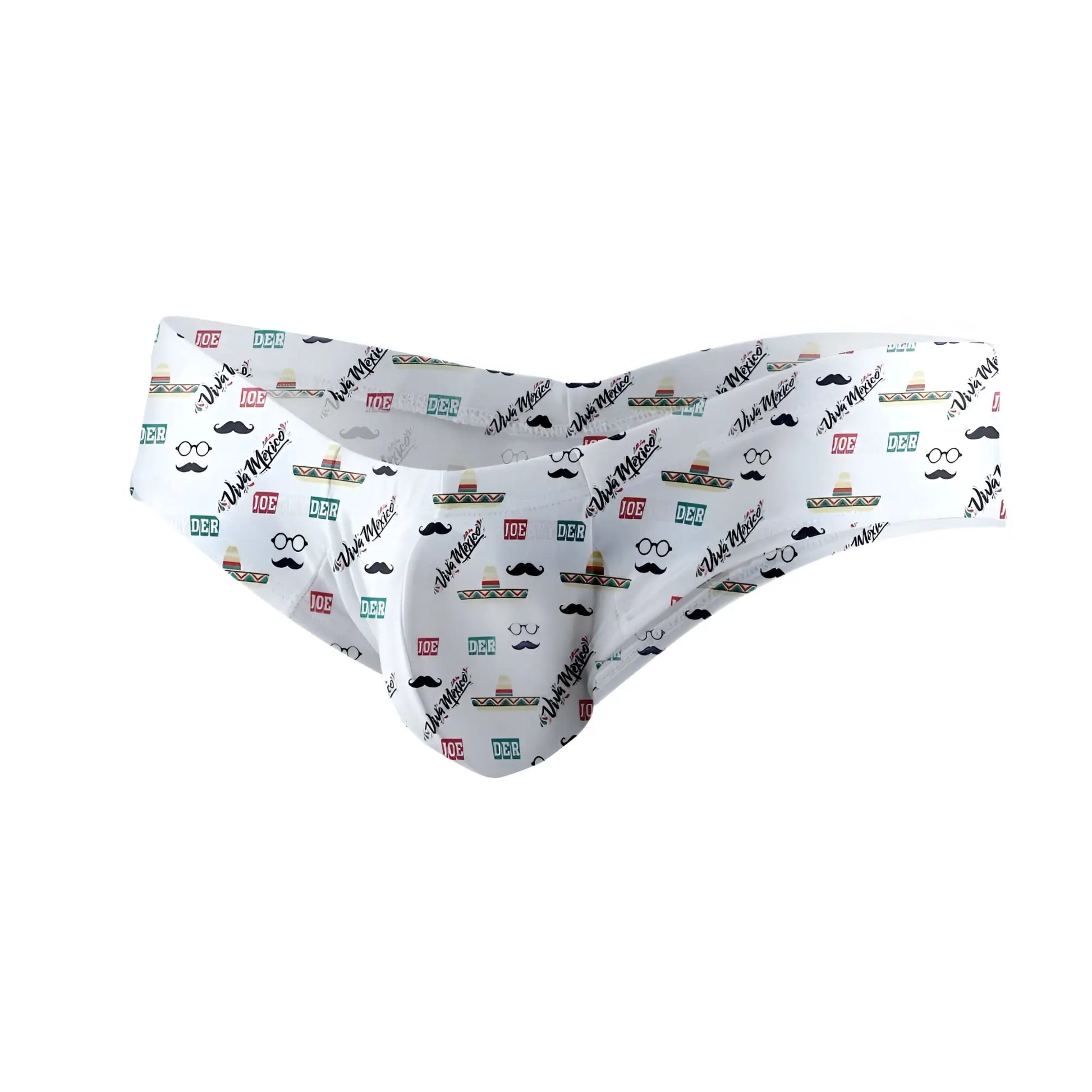 White men’s polyester mini cheek briefs by joe snyder with playful sombrero mustache and glasses pattern in multiple colors