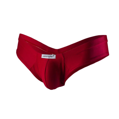 A sleek vibrant red joe snyder polyester mini cheek men’s brief with smooth satin-like finish and minimalist design