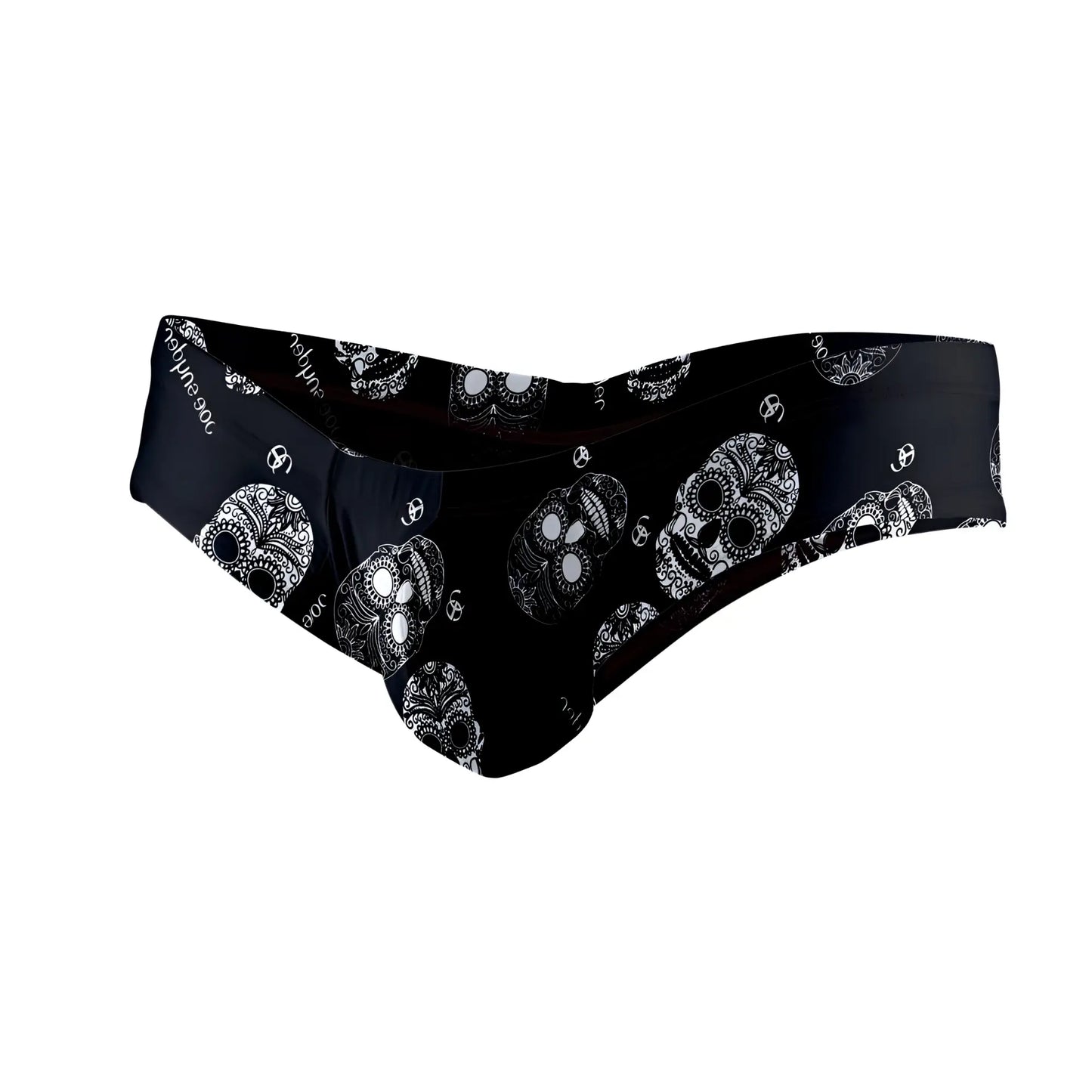 Black polyester mini cheek swim trunks by joe snyder with bold white sugar skull pattern