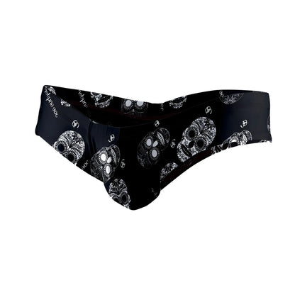 Black polyester mini cheek swim trunks by joe snyder with bold white sugar skull pattern