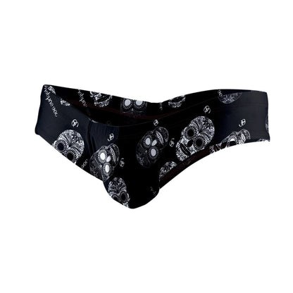 Black joe snyder polyester mini cheek swim trunks with bold white sugar skull pattern front view