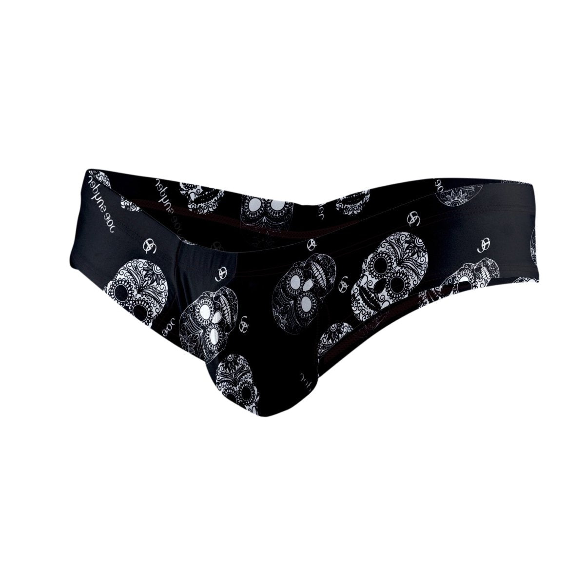 Black polyester Joe Snyder mini cheek swim trunks with bold white sugar skull pattern for casual beachwear