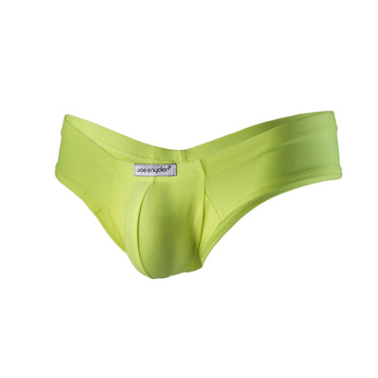 Bright lime green joe snyder polyester mini cheek men’s briefs made of smooth stretchy fabric with contoured design