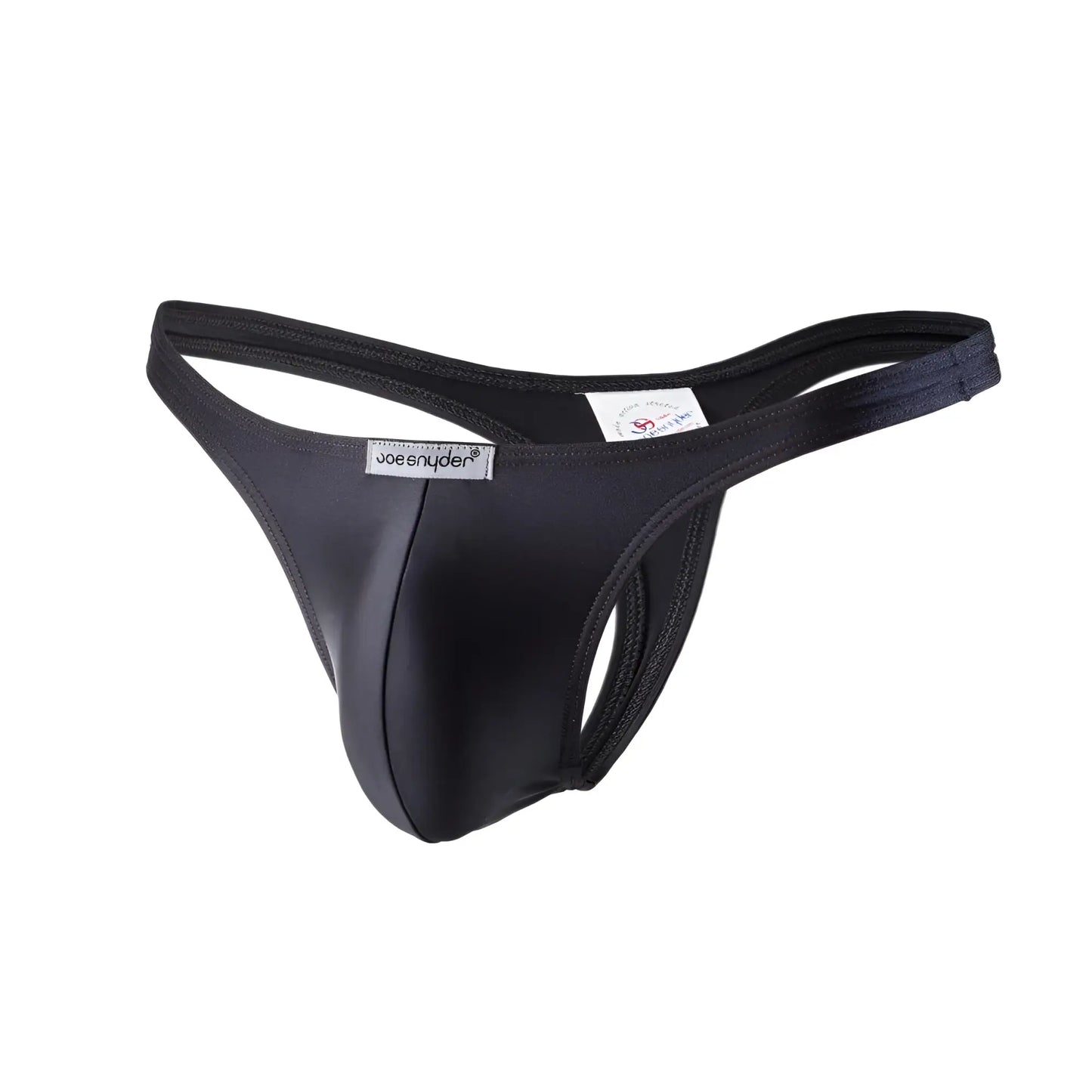 Black joe snyder polyester thong made of smooth stretchy fabric with sleek form-fitting design front view
