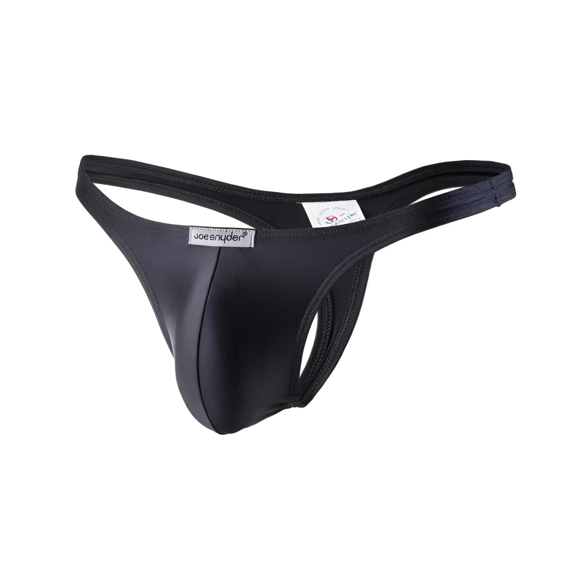 Black joe snyder polyester thong made of smooth stretchy fabric with sleek form-fitting design front view