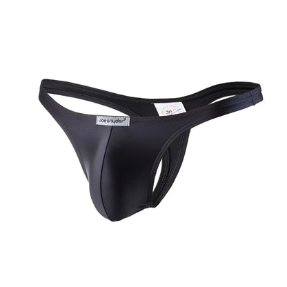 Black Joe Snyder polyester thong made of smooth stretchy fabric with sleek form-fitting design shown from the back