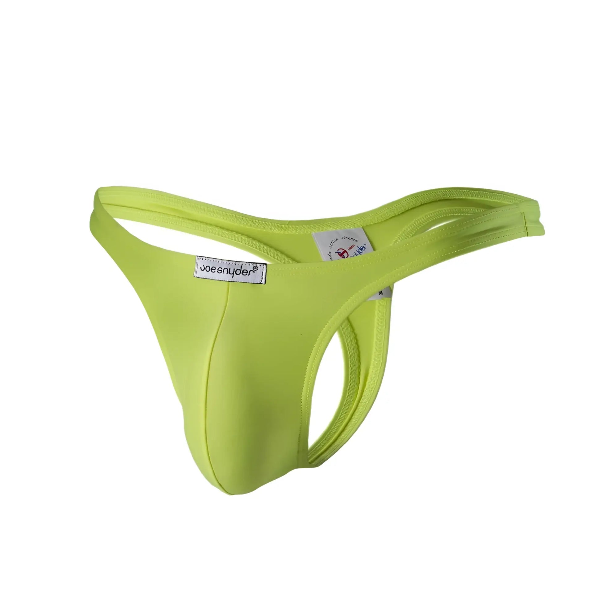 Bright lime green joe snyder polyester thong made of smooth stretchy fabric with sleek form-fitting design back view