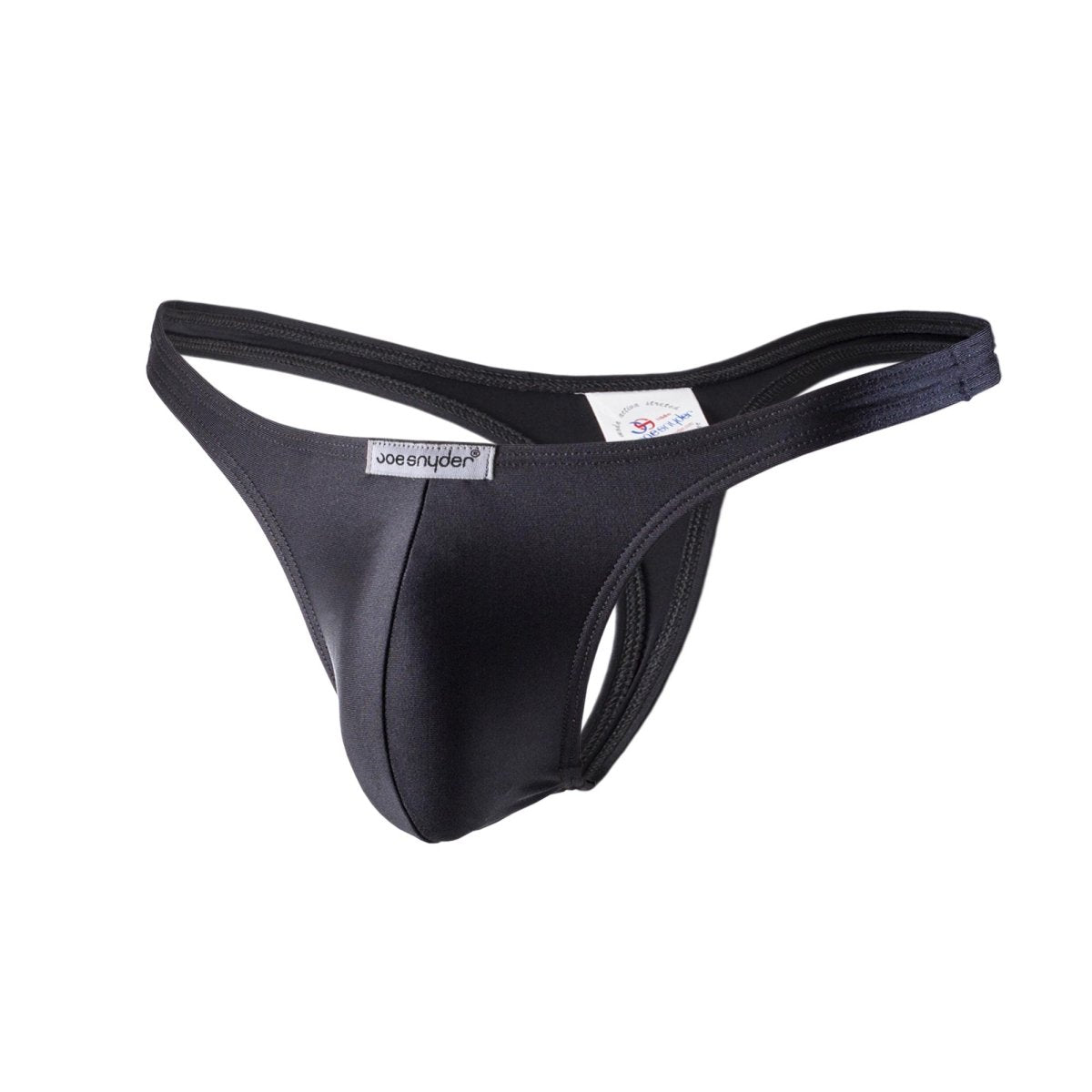 Black joe snyder polyester thong made of smooth stretchy fabric with a sleek form fitting design shown from the back