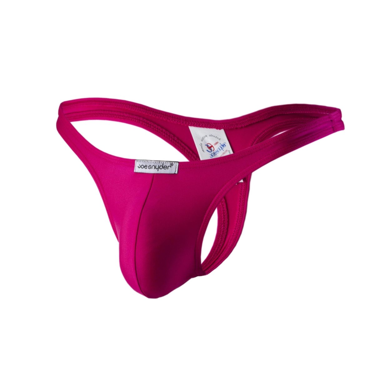 Bright fuchsia joe snyder polyester thong made of smooth stretchy fabric with sleek form fitting design