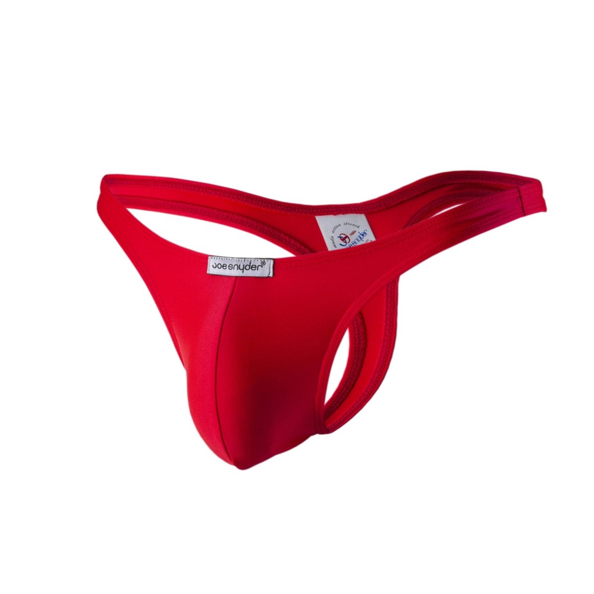 Bright red Joe Snyder polyester thong made of smooth elastic fabric with branded label visible on the back side