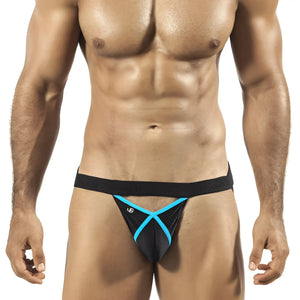 Black and bright blue joe snyder pride frame jock strap with distinctive x-shaped design in one size underwear and swimwear