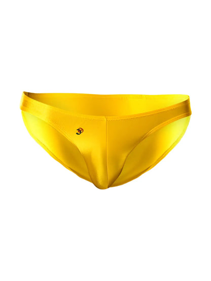 Bright yellow satin Joe Snyder print bikini classic briefs with a subtle logo on the front for stylish swimwear
