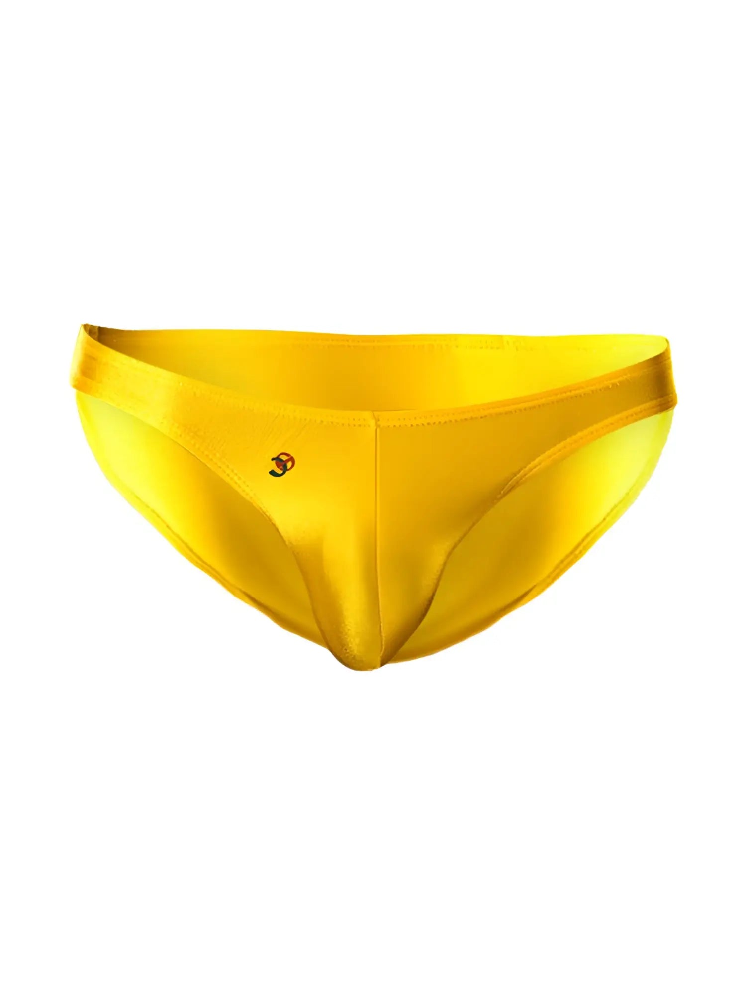 Bright yellow satin briefs with subtle logo on front from Joe Snyder print bikini classic collection
