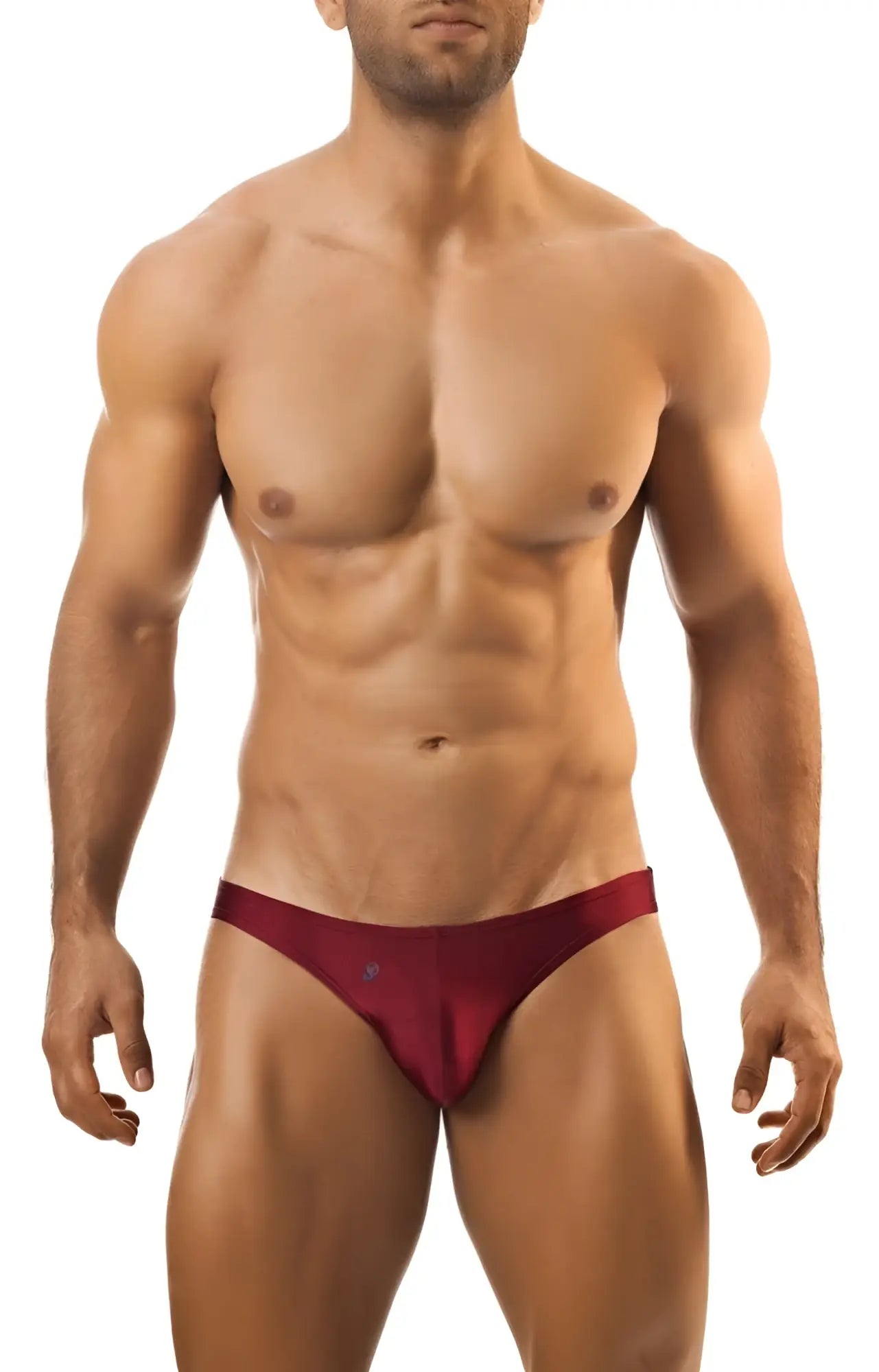 Maroon joe snyder print bikini classic athletic briefs with subtle front logo and comfortable supportive fit