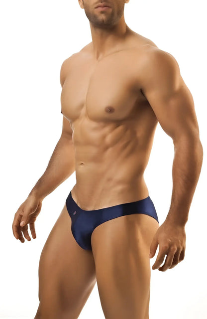 Navy blue satin briefs from joe snyder print bikini classic showing smooth fabric and comfortable fit