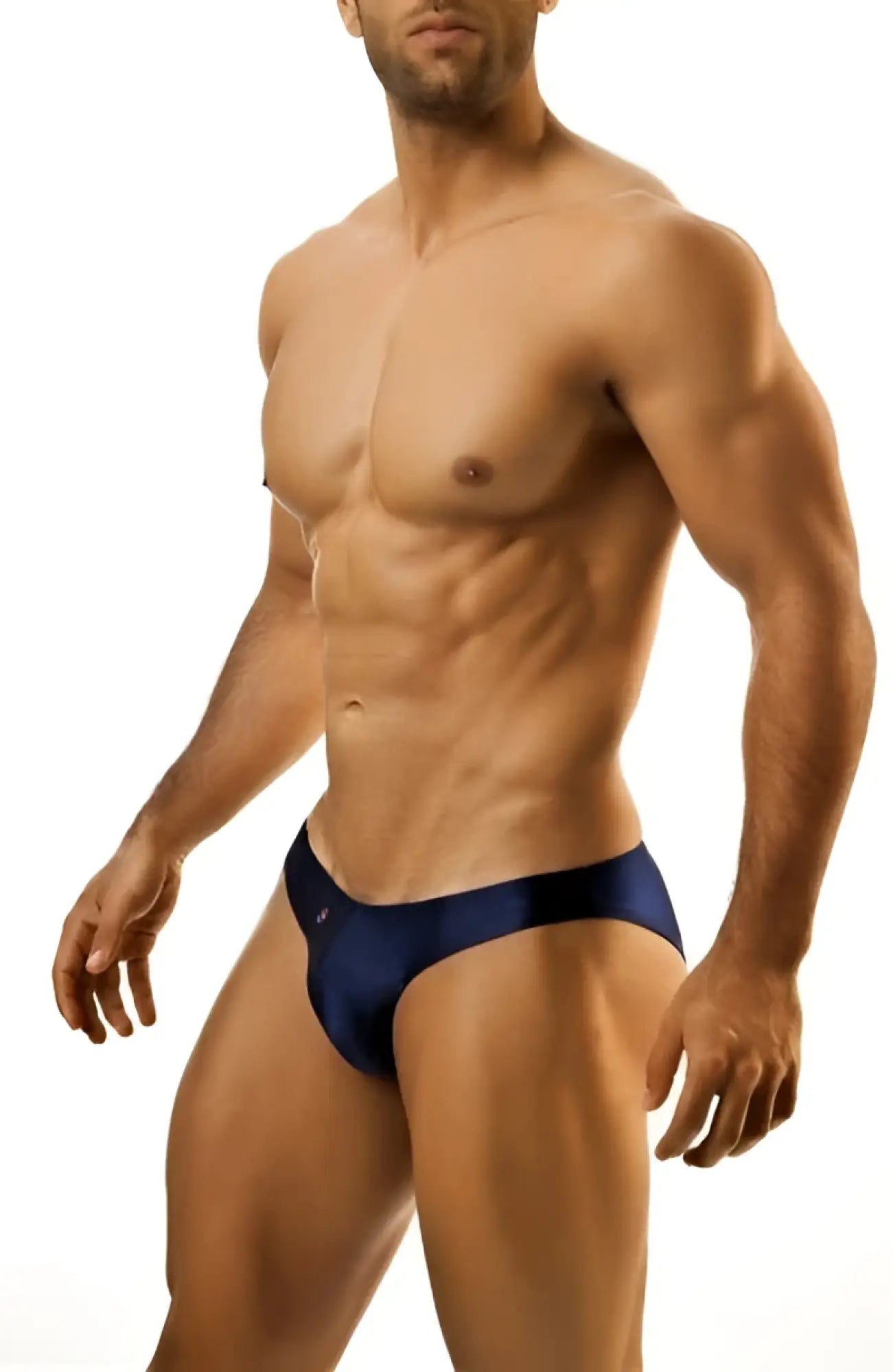 Navy blue joe snyder print bikini classic swim trunks with sleek form-fitting design for swimwear use