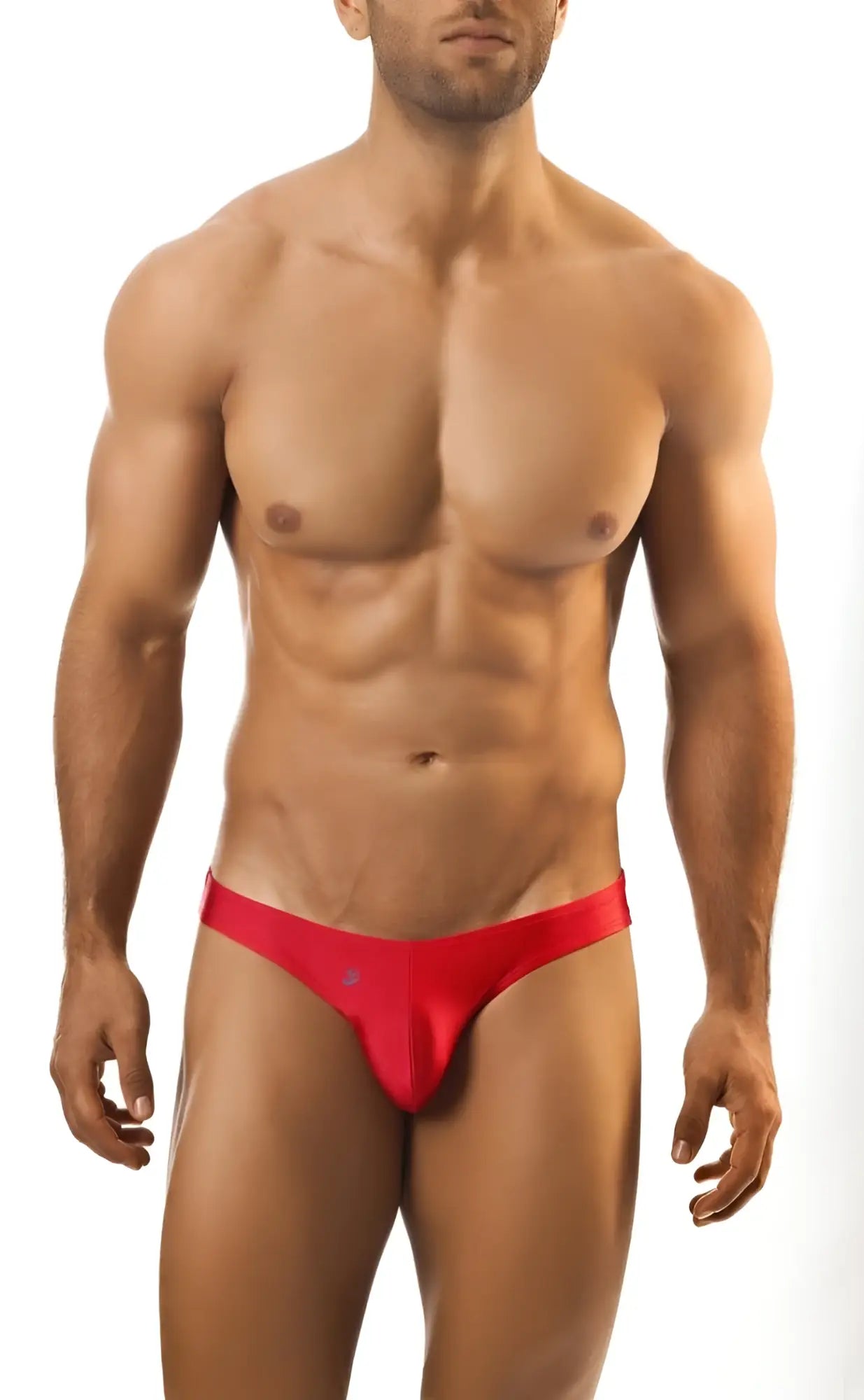Red men’s thong joe snyder print bikini classic with sleek form-fitting design and subtle side branding visible from back