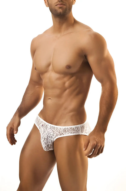 White lace briefs with intricate floral pattern in joe snyder print bikini classic design